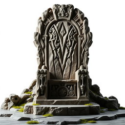 A stunning throne room featuring a king's throne carved from rugged rock, set against a pure white background