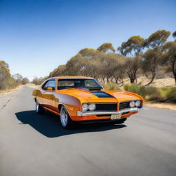 An orange HQ Monaro equipped with a tunnel ram intake system, parked on a wide road with a blue sky in the backdrop