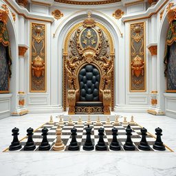 A majestic king's throne room designed with opulent details, featuring a grand throne adorned with intricate carvings and luxurious upholstery