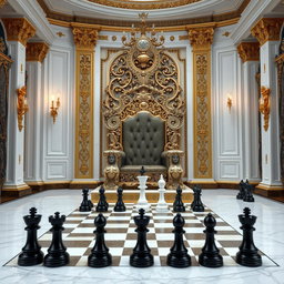 A majestic king's throne room designed with opulent details, featuring a grand throne adorned with intricate carvings and luxurious upholstery