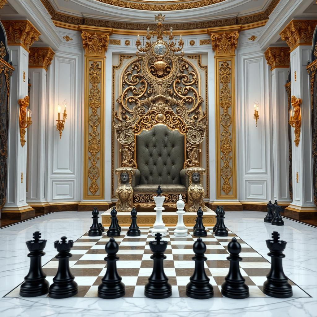 A majestic king's throne room designed with opulent details, featuring a grand throne adorned with intricate carvings and luxurious upholstery