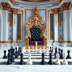 A majestic king's throne room designed with opulent details, featuring a grand throne adorned with intricate carvings and luxurious upholstery