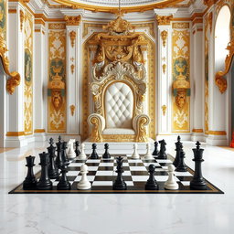 A majestic king's throne room designed with opulent details, featuring a grand throne adorned with intricate carvings and luxurious upholstery