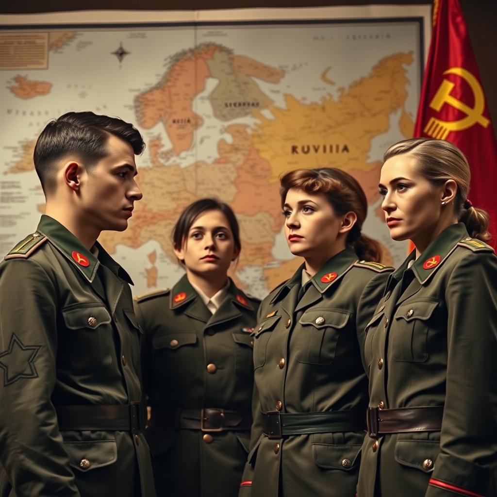 Two young men and two young women in general's military uniforms, standing before a detailed map of the Soviet Union, gazing thoughtfully at it as if strategizing a plan