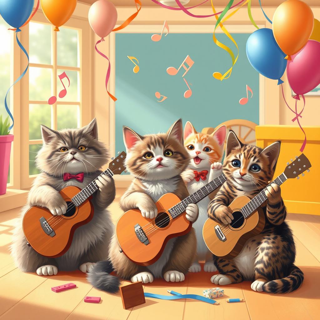 A whimsical scene depicting a group of cute cats playing various musical instruments together, creating joyful music in a cheerful environment