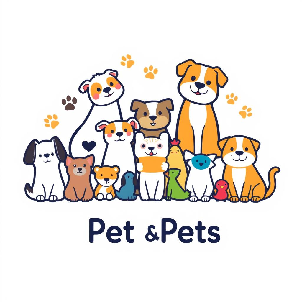 A logo design featuring stylized illustrations of various adorable pets like dogs, cats, rabbits, and birds