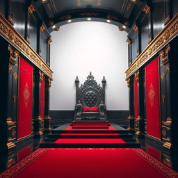 A majestic throne room designed for a king, featuring an elegant throne at the end of a long hallway