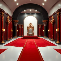 A majestic throne room designed for a king, featuring an elegant throne at the end of a long hallway