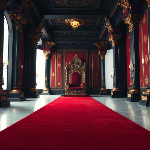 A majestic throne room designed for a king, featuring an elegant throne at the end of a long hallway