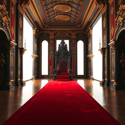 A majestic throne room designed for a king, featuring an elegant throne at the end of a long hallway