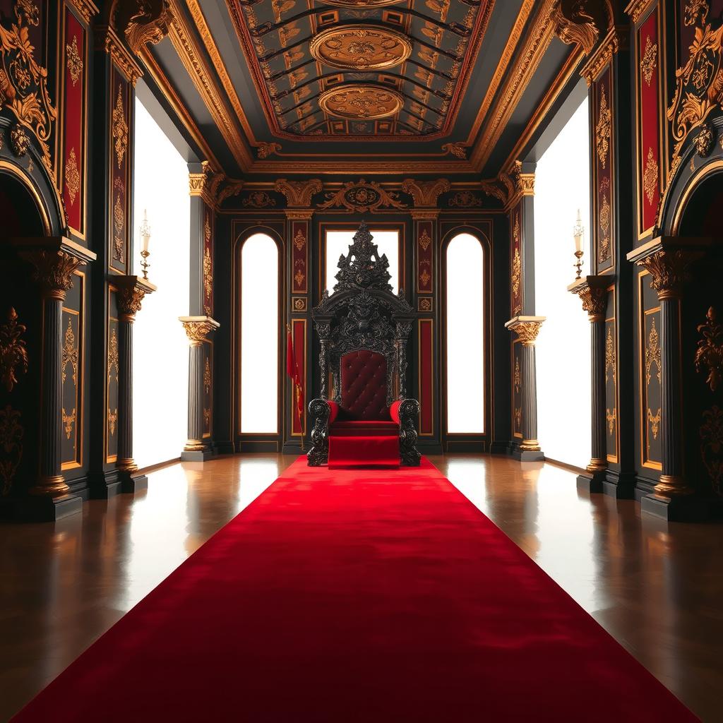 A majestic throne room designed for a king, featuring an elegant throne at the end of a long hallway
