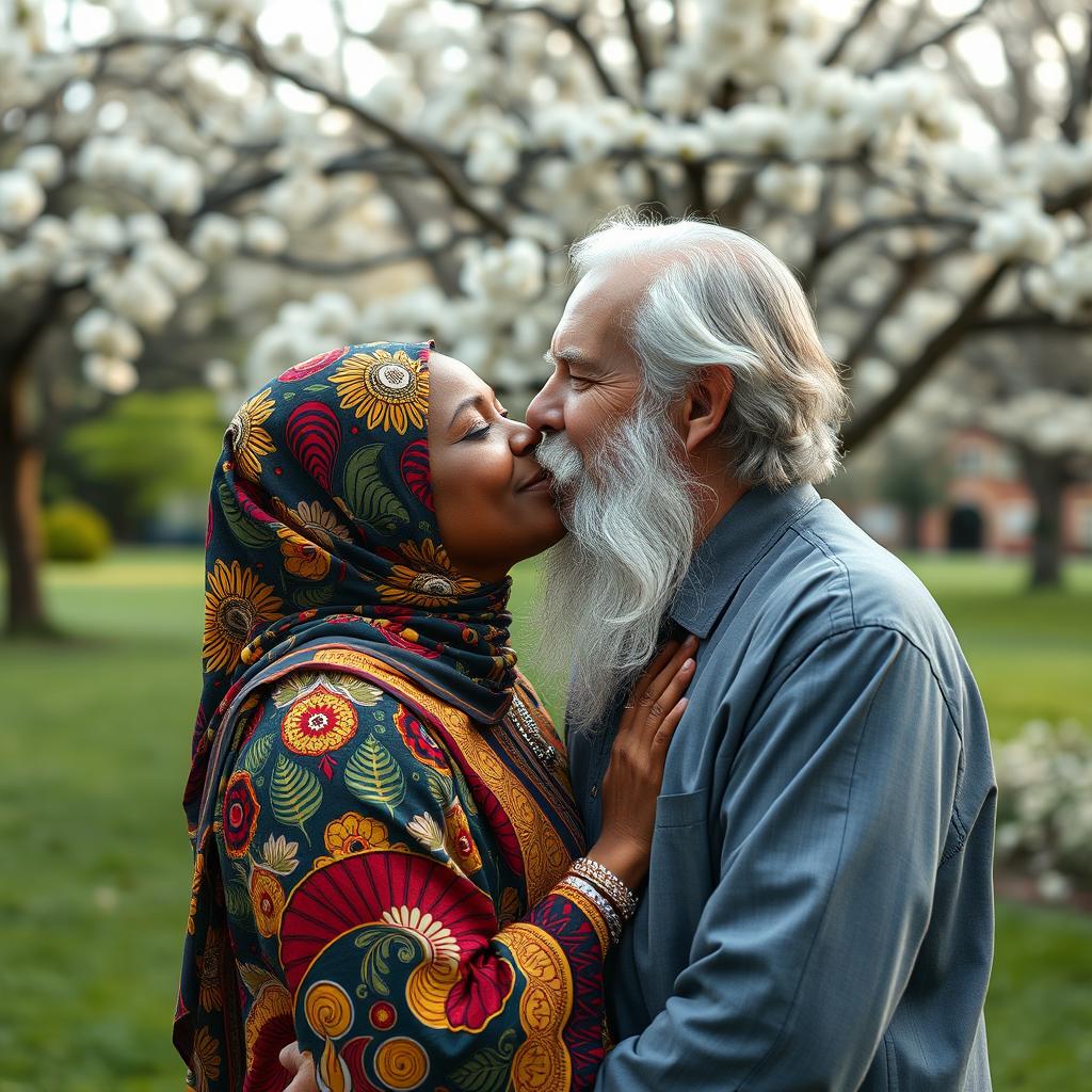 An intimate scene depicting an African woman wearing a beautifully patterned hijab and a colorful traditional outfit, gently kissing an older white man who has a long, flowing grey beard