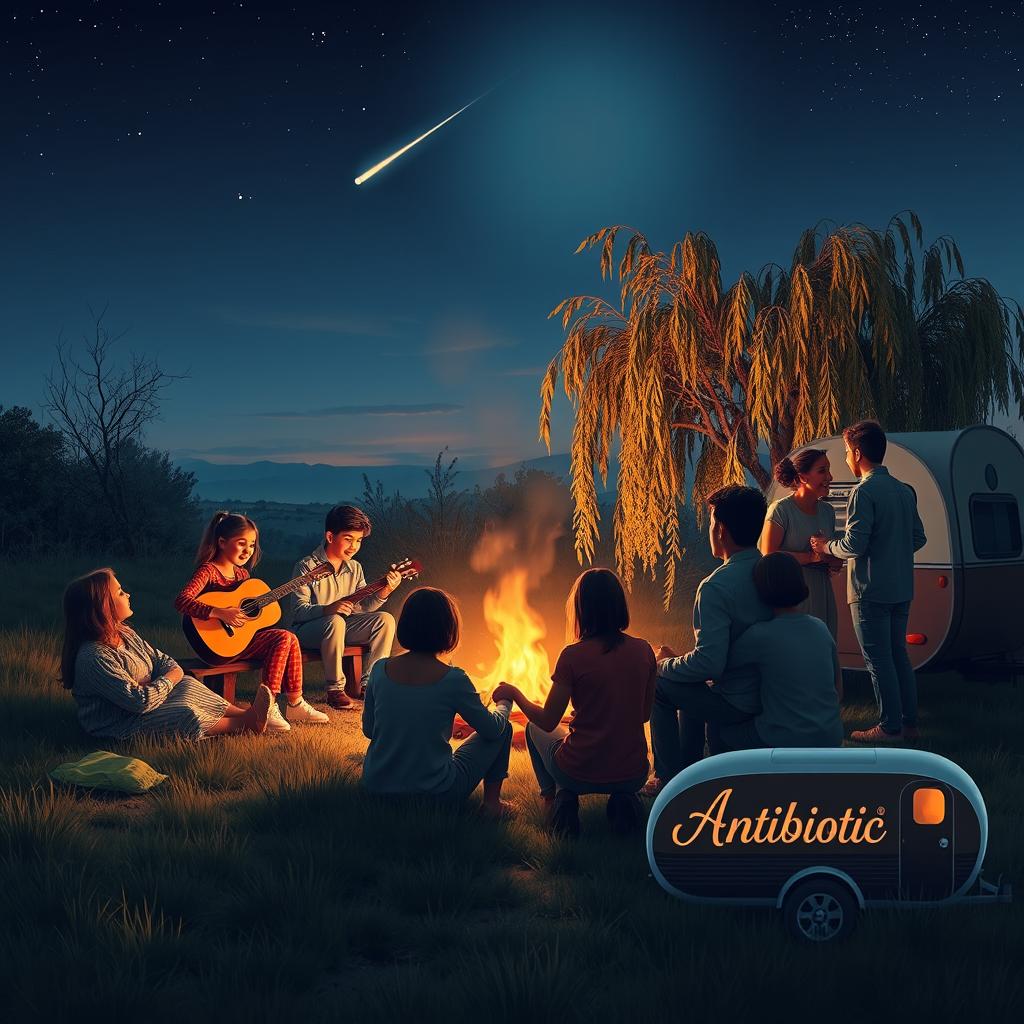 A friendly gathering of Iranian friends and family in nature during twilight, featuring a bright, full moon and visible stars in the sky, including a shooting star