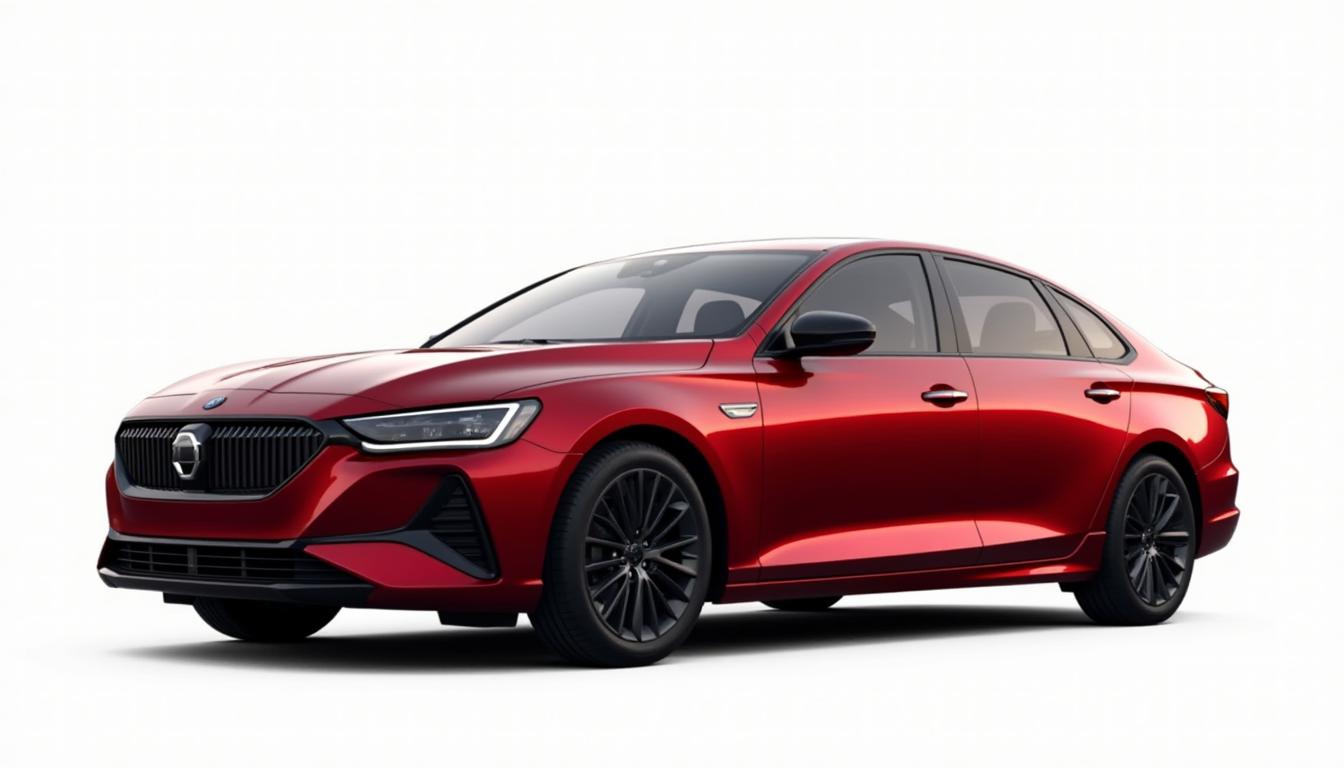 A modern and elegant four-door sedan with a sleek yet conventional design, painted in a glossy red color, viewed from a three-quarter front angle