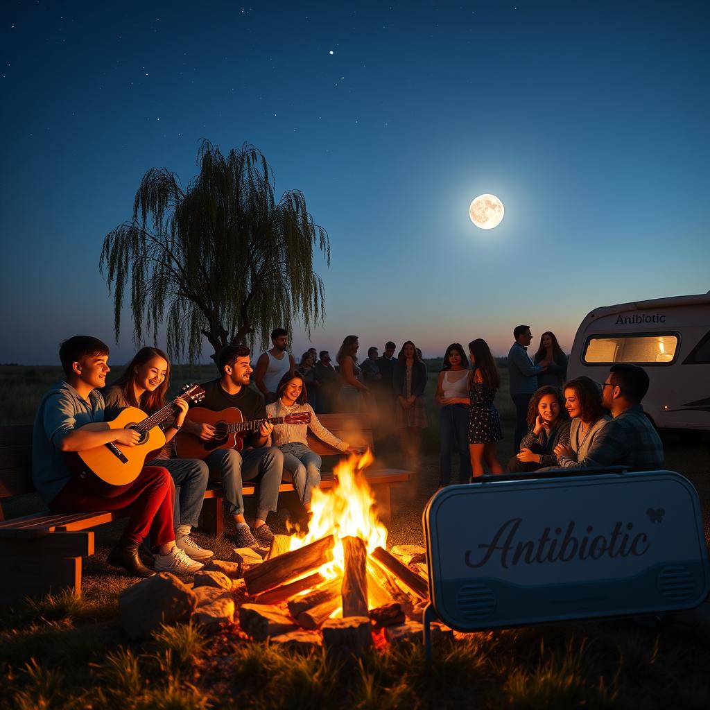 A cheerful gathering of Iranian friends and family aged over 20 in nature during twilight, showcasing a bright, full moon and visible stars in the sky, including a shooting star