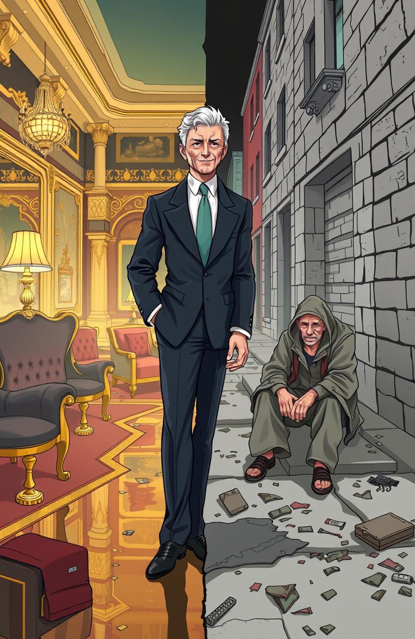 An illustration with a stark contrast between two characters in a 5:8 aspect ratio