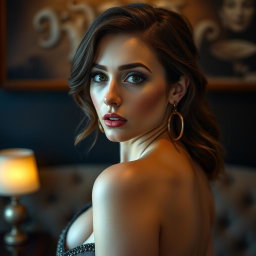 A stunning image of a woman with expressive eyes and a perfect face, showcasing her curves with very big breasts and a very big butt