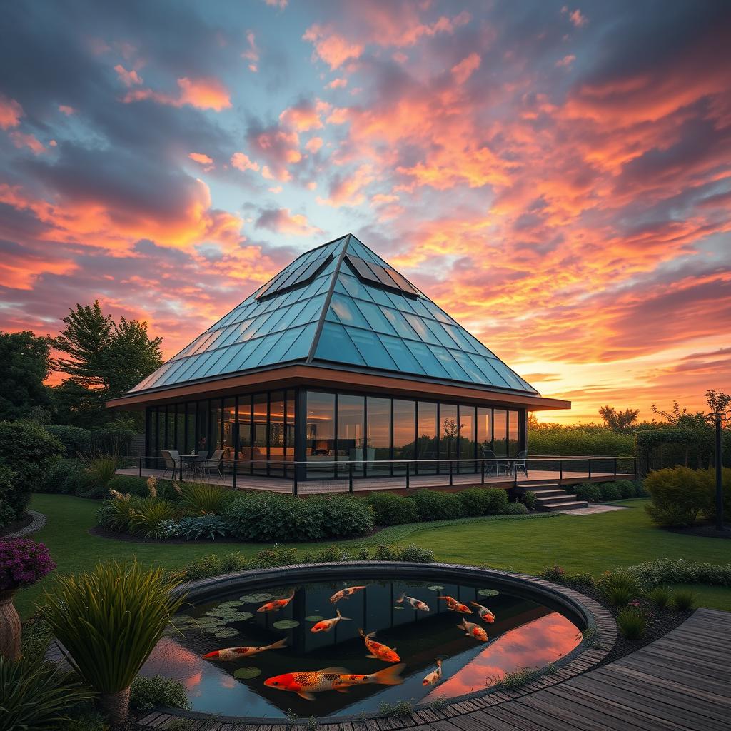 A stunning pyramid-shaped house set against a dramatic sunset sky