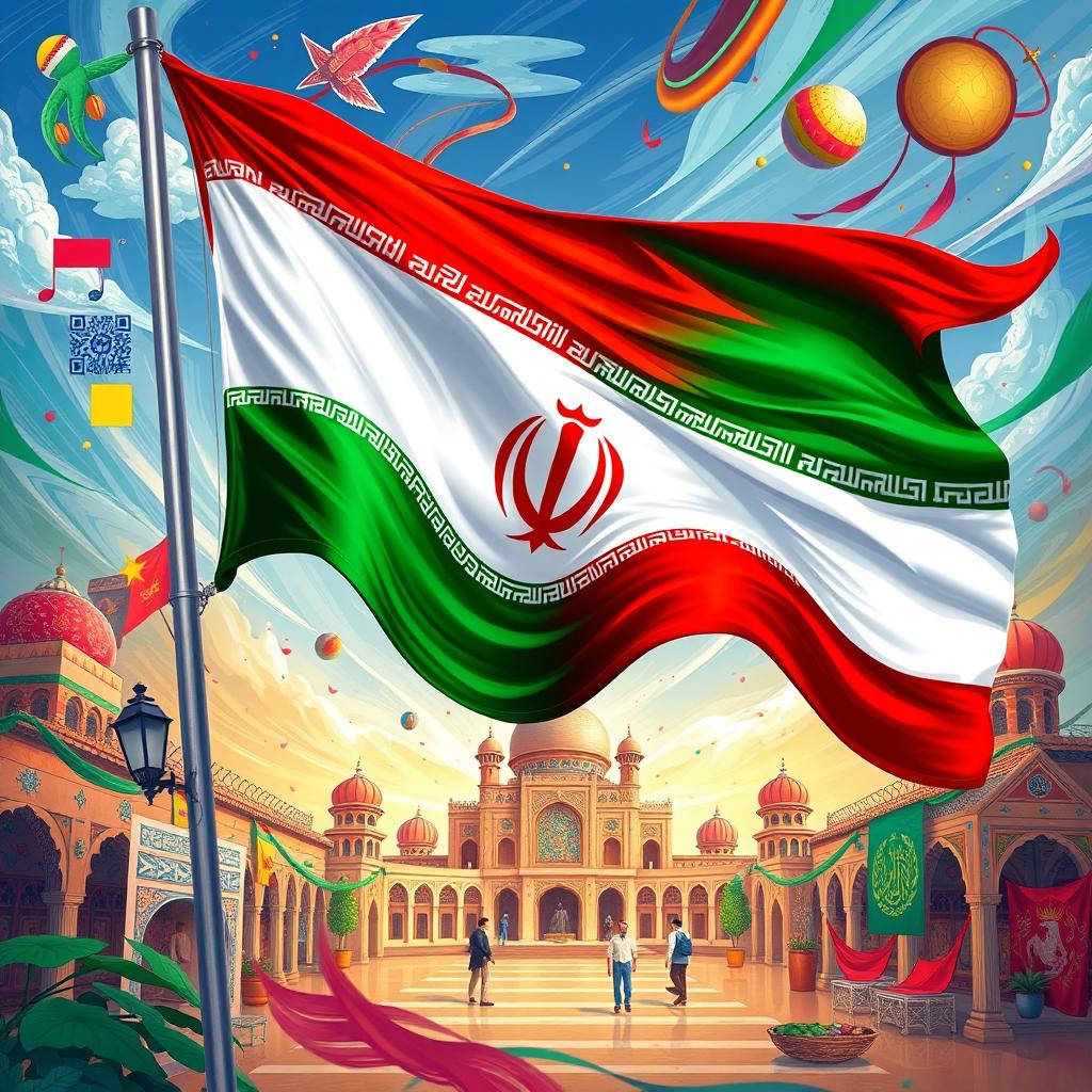 An artistic representation of the Iranian flag, flowing gracefully in a vibrant environment