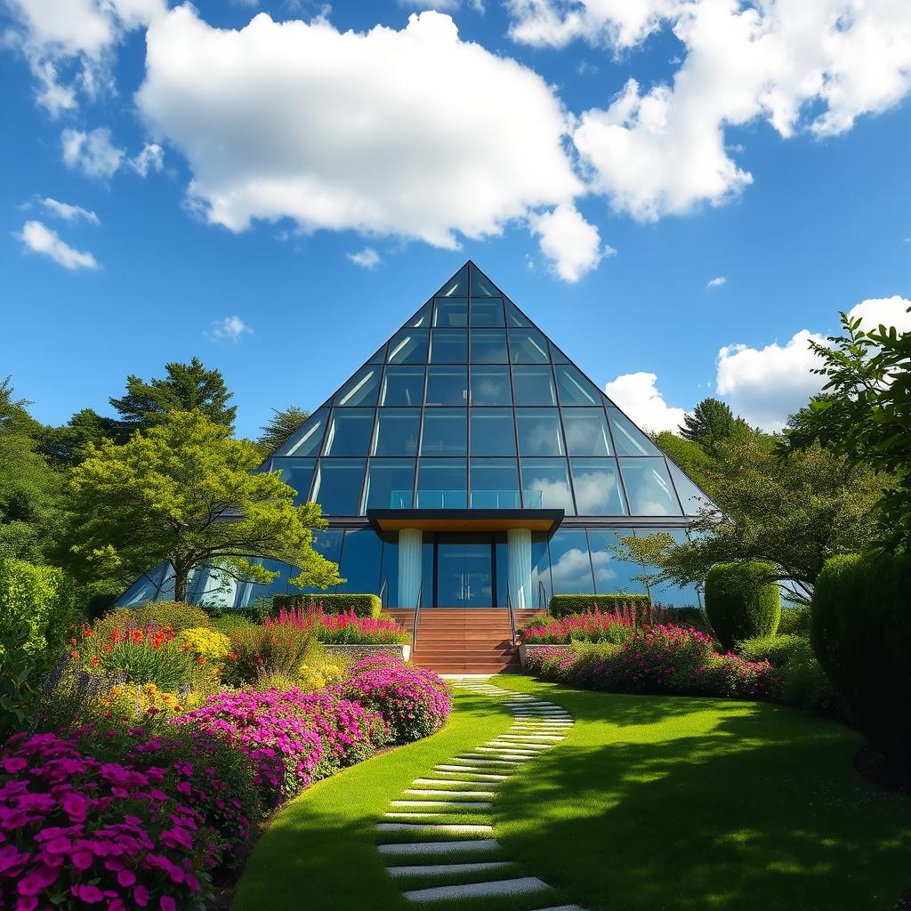 A stunning pyramid-shaped house set in a lush green landscape