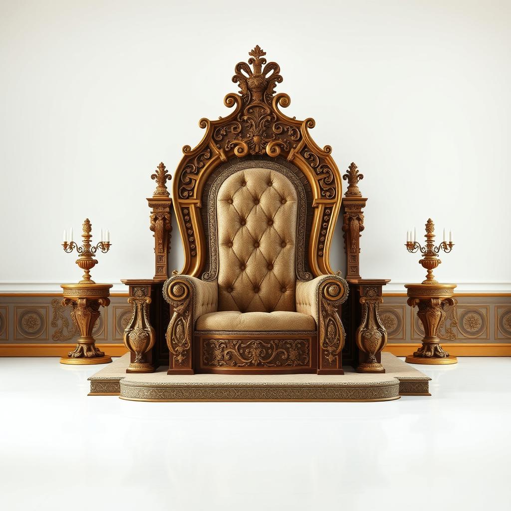 A grand throne room featuring an ornate, antique throne designed for a king