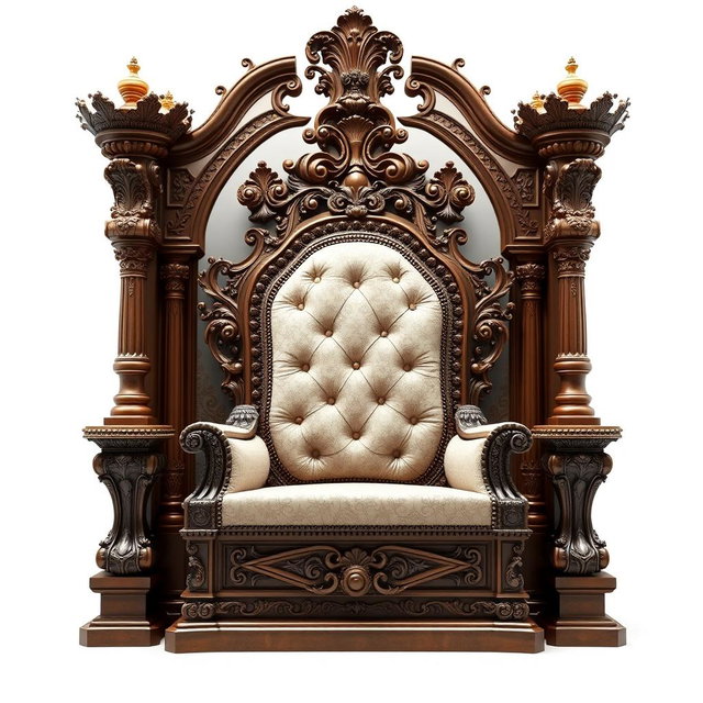 A grand throne room featuring an ornate, antique throne designed for a king