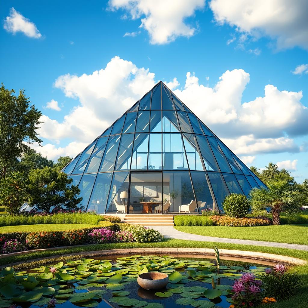 A unique and modern pyramid-shaped house set in a serene landscape