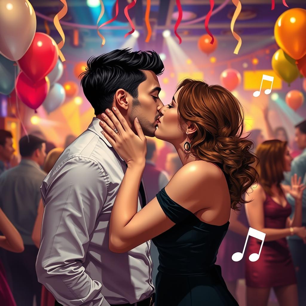 A romantic scene depicting a passionate kiss between a man and a woman at a lively party