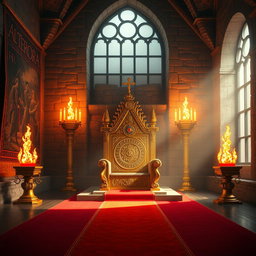 A regal throne room designed for a king, featuring an ornate throne made of gold and adorned with precious jewels