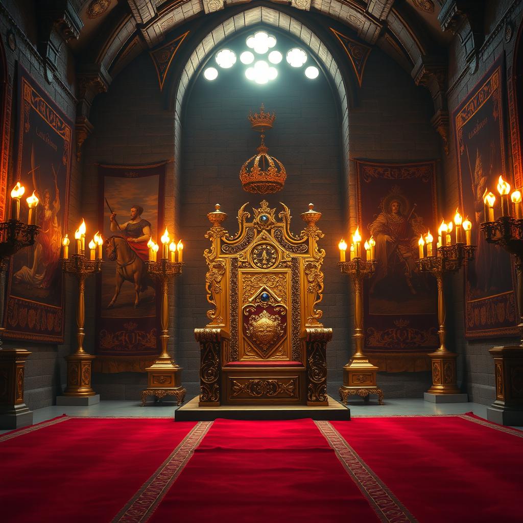 A regal throne room designed for a king, featuring an ornate throne made of gold and adorned with precious jewels