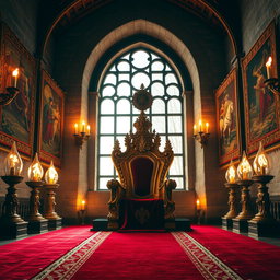 A regal throne room designed for a king, featuring an ornate throne made of gold and adorned with precious jewels