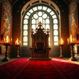 A regal throne room designed for a king, featuring an ornate throne made of gold and adorned with precious jewels