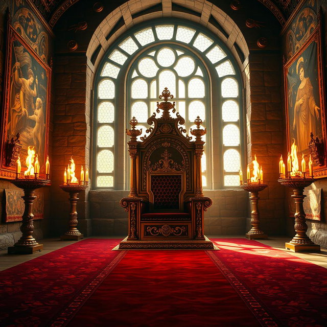 A regal throne room designed for a king, featuring an ornate throne made of gold and adorned with precious jewels