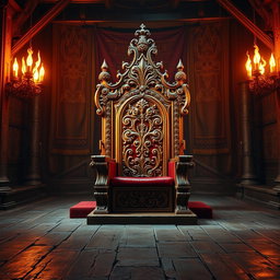 A majestic king's throne room featuring a grand throne adorned with intricate carvings