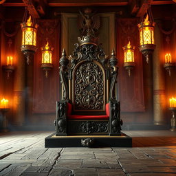 A majestic king's throne room featuring a grand throne adorned with intricate carvings