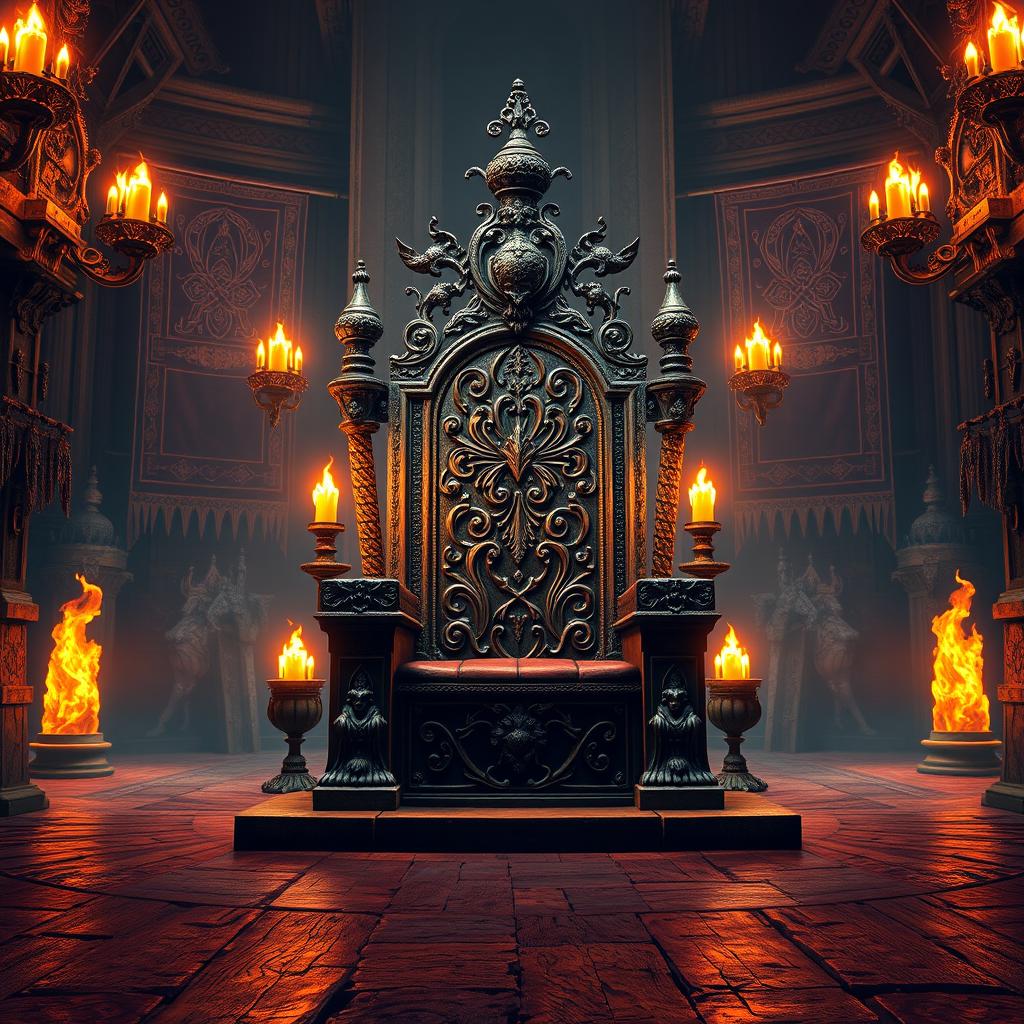A majestic king's throne room featuring a grand throne adorned with intricate carvings