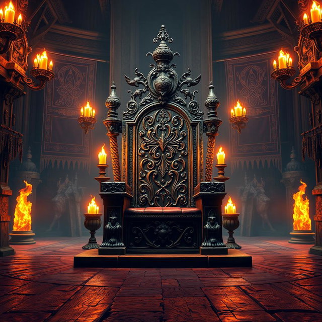 A majestic king's throne room featuring a grand throne adorned with intricate carvings