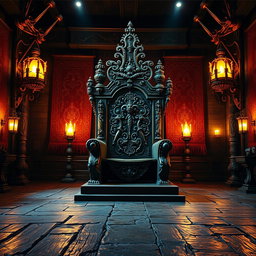 A majestic king's throne room featuring a grand throne adorned with intricate carvings
