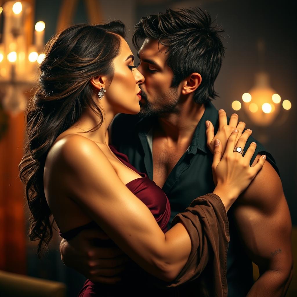 A dramatic scene depicting a man passionately kissing a woman in an intimate setting