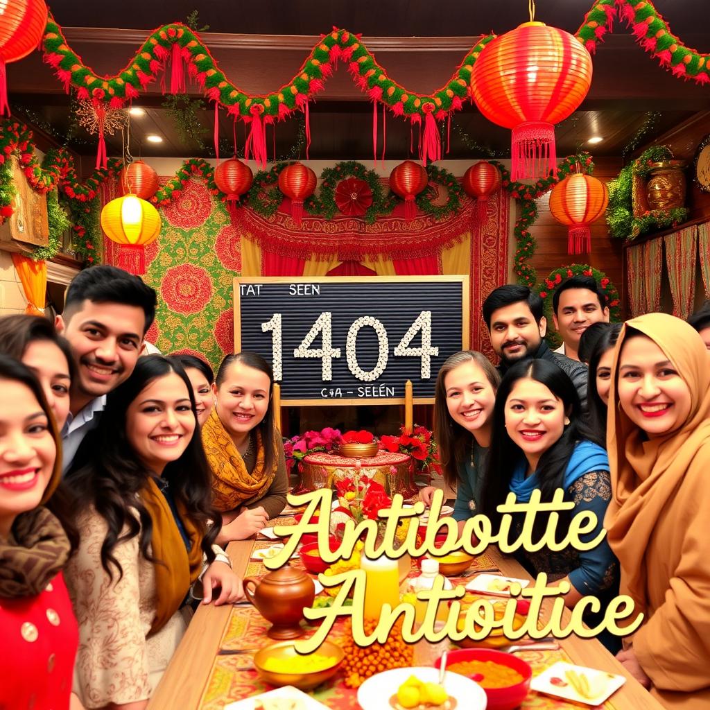 A vibrant and festive Persian New Year celebration scene, featuring a joyful gathering of friends and family