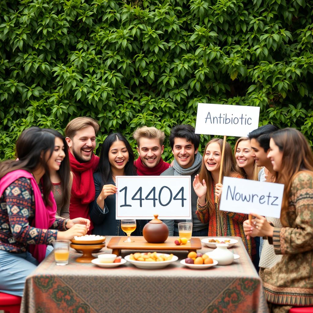A vibrant and lively gathering of a group of diverse 30-year-old friends celebrating Nowruz