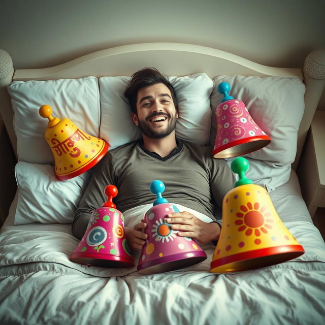 A surreal and artistic interpretation of a man lying on his bed, surrounded by five colorful bell-shaped objects that have vibrant designs
