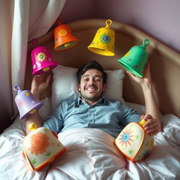 A surreal and artistic interpretation of a man lying on his bed, surrounded by five colorful bell-shaped objects that have vibrant designs