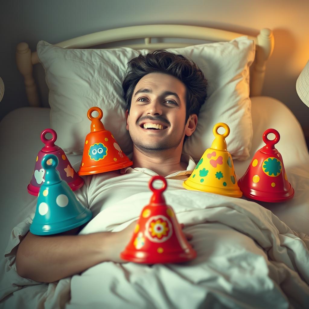 A surreal and artistic interpretation of a man lying on his bed, surrounded by five colorful bell-shaped objects that have vibrant designs
