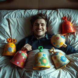 A surreal and artistic interpretation of a man lying on his bed, surrounded by five colorful bell-shaped objects that have vibrant designs