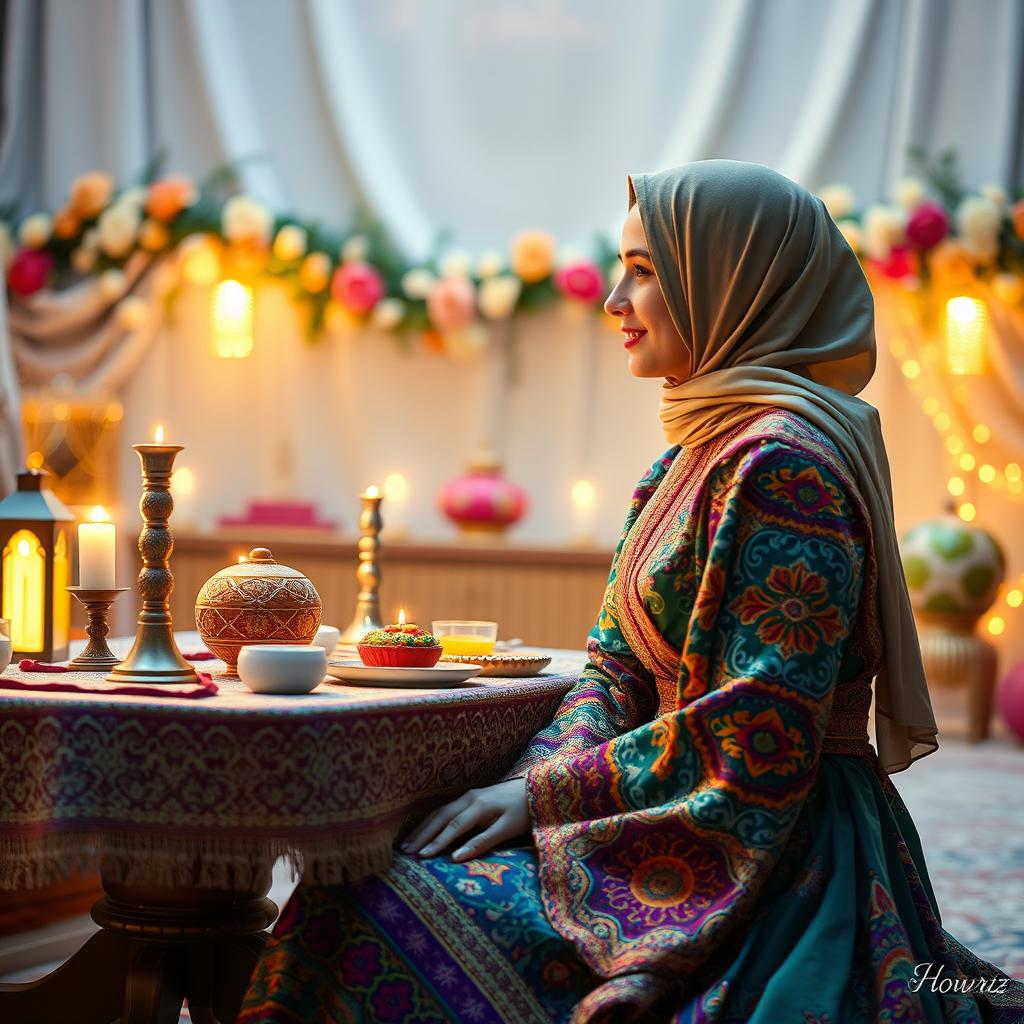 An Iranian woman without a headscarf, sitting elegantly beside a traditional Haft-Seen table