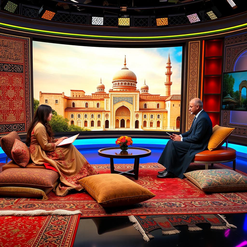 A vibrant television studio set for a social and cultural documentary program, featuring a blend of Islamic and Iranian religious cultural elements