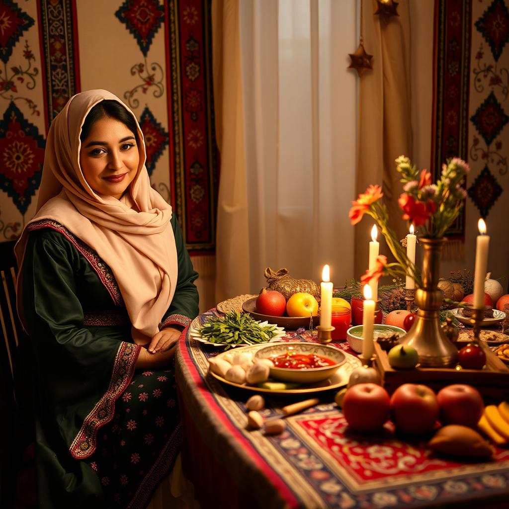 An Iranian woman beautifully dressed in traditional attire, without a headscarf, elegantly sitting next to a Haft-Seen table that is adorned with bright and colorful items representing the Persian New Year