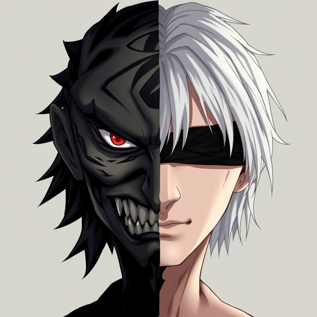 A fascinating portrait blending two distinct characters: one half showcasing Sukuna's fierce, intimidating face with sharp features and intricate tattoos, capturing his malevolent expression; the other half displaying Gojo's calm, collected demeanor, featuring white hair and striking blindfolded eyes
