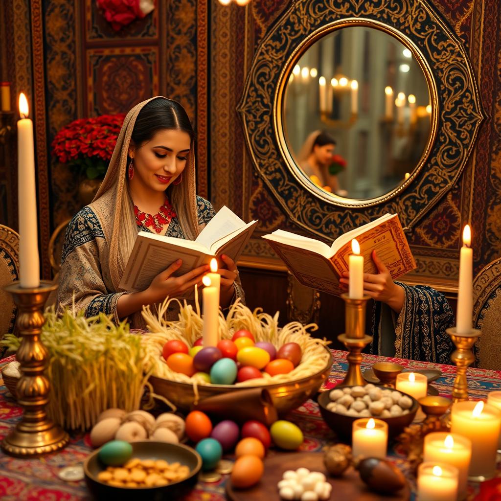 A beautiful Iranian woman reading a book of Hafez beside a large Haft-Seen table, which is richly set up with fresh Sabzeh (wheat sprouts), candles, and a mirror reflecting the warm glow of the setting